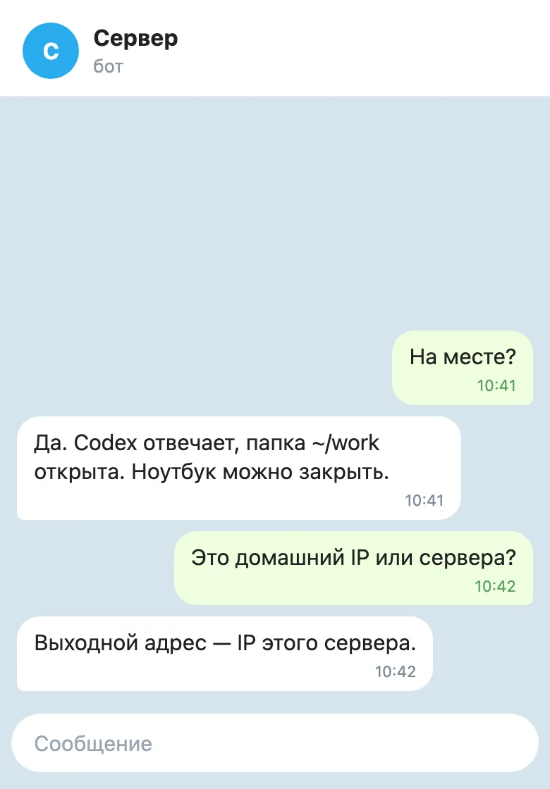 Пример переписки в Telegram: бот отвечает, что Codex на месте, папка work открыта и ноутбук можно закрыть.